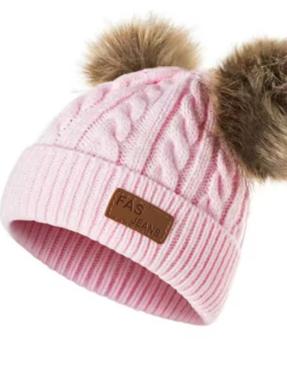 1pink & 1 grey  cable knit infant double pom-pom beanie hat